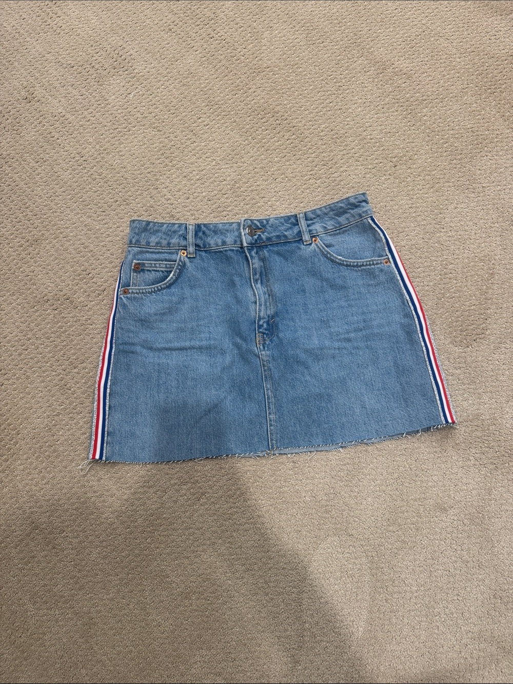 Topshop Blue Denim Mini Skirt with Red & White Side Stripes